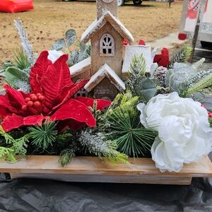 Rustic Holiday Church Centerpiece that Lights Up with Red and White Flowers.